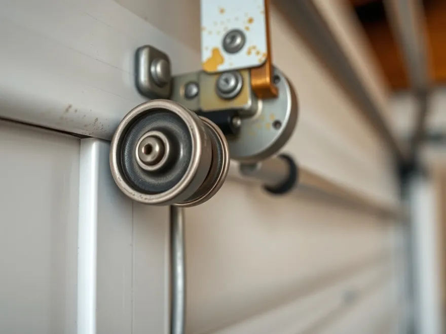 Garage door roller and hinge assembly showing wear