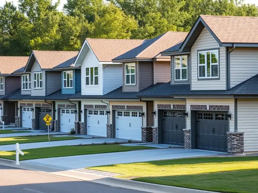 Row of similar new houses with attached garages in a recent subdivision